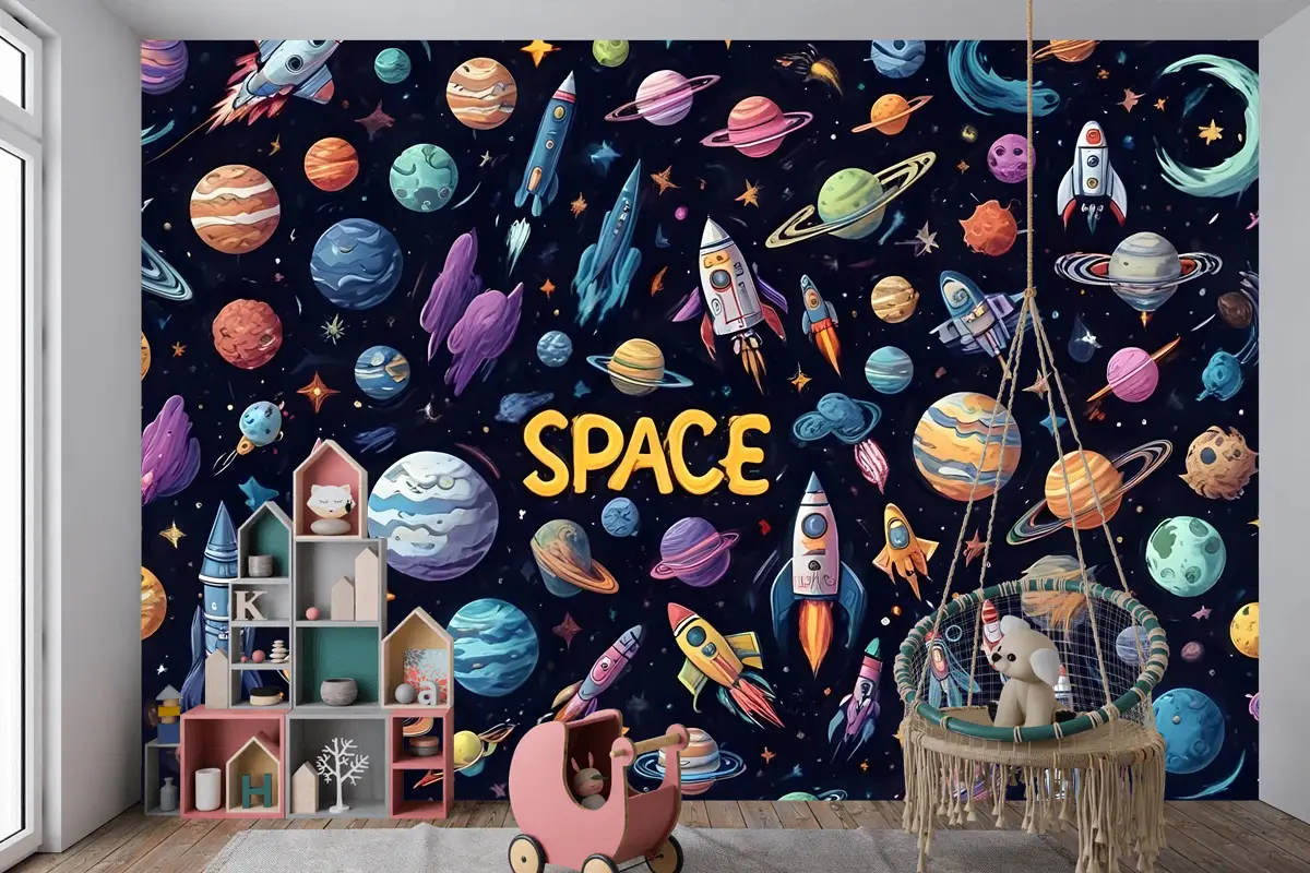 Astronot Ve Renkli Gezegenlerle Çocuk Karikatür Uzay Çocuk Odası Duvar Kağıdı
