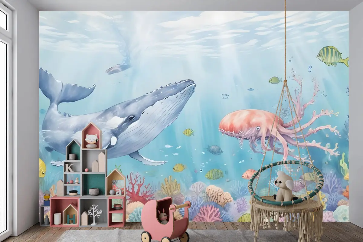 Çocuklar Sevimli Balina Denizaltı Çocuk Odası Duvar Kağıdı Duvar Resimleri
