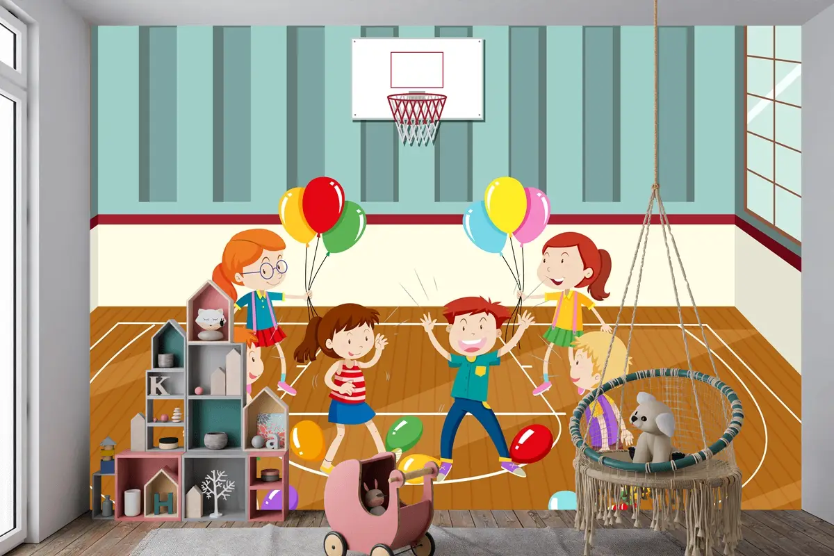 Balonlarla Fiziksel Aktivite Yapan Çocuklar Çocuk Odası Duvar Kağıdı