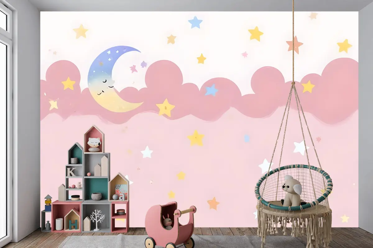 Çocuk Kız Pembe Gece Uyuyan Ay Çocuk Odası Duvar Kağıdı