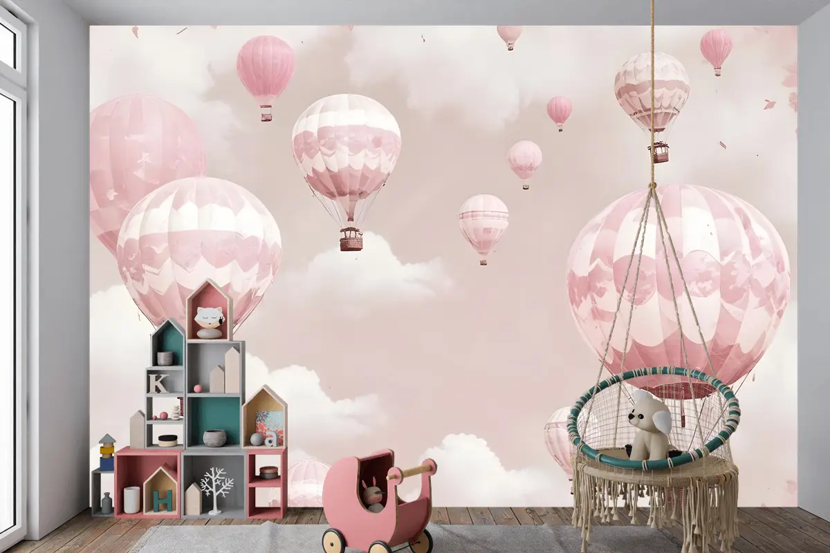 Çocuk Kız Sıcak Hava Balonu Çocuk Odası Duvar Kağıdı Duvar Pembe Gökyüzü