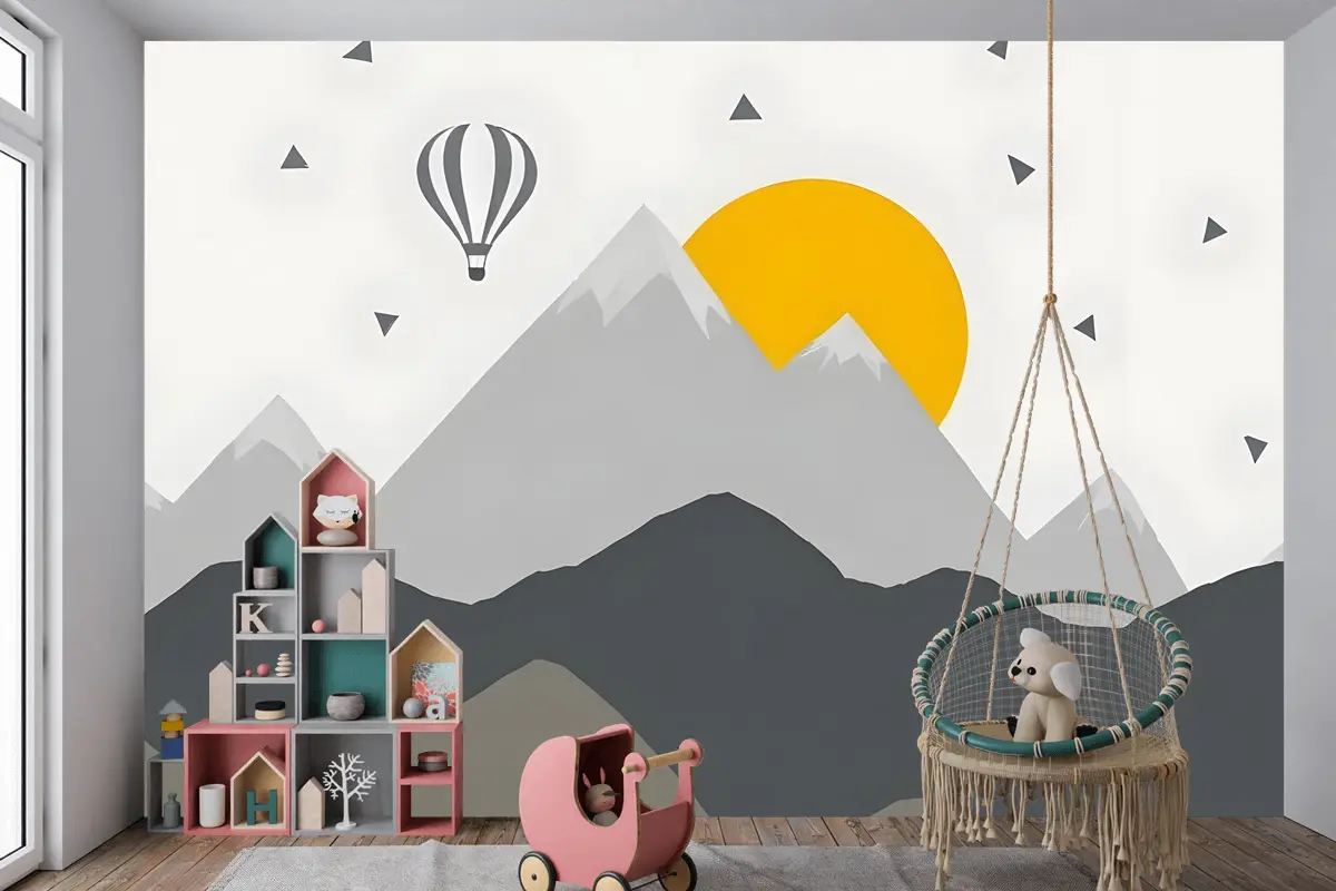 Çocuklar Gri Geometrik Dağ Manzarası Ve Sıcak Hava Balonu Çocuk Odası Duvar Kağıdı
