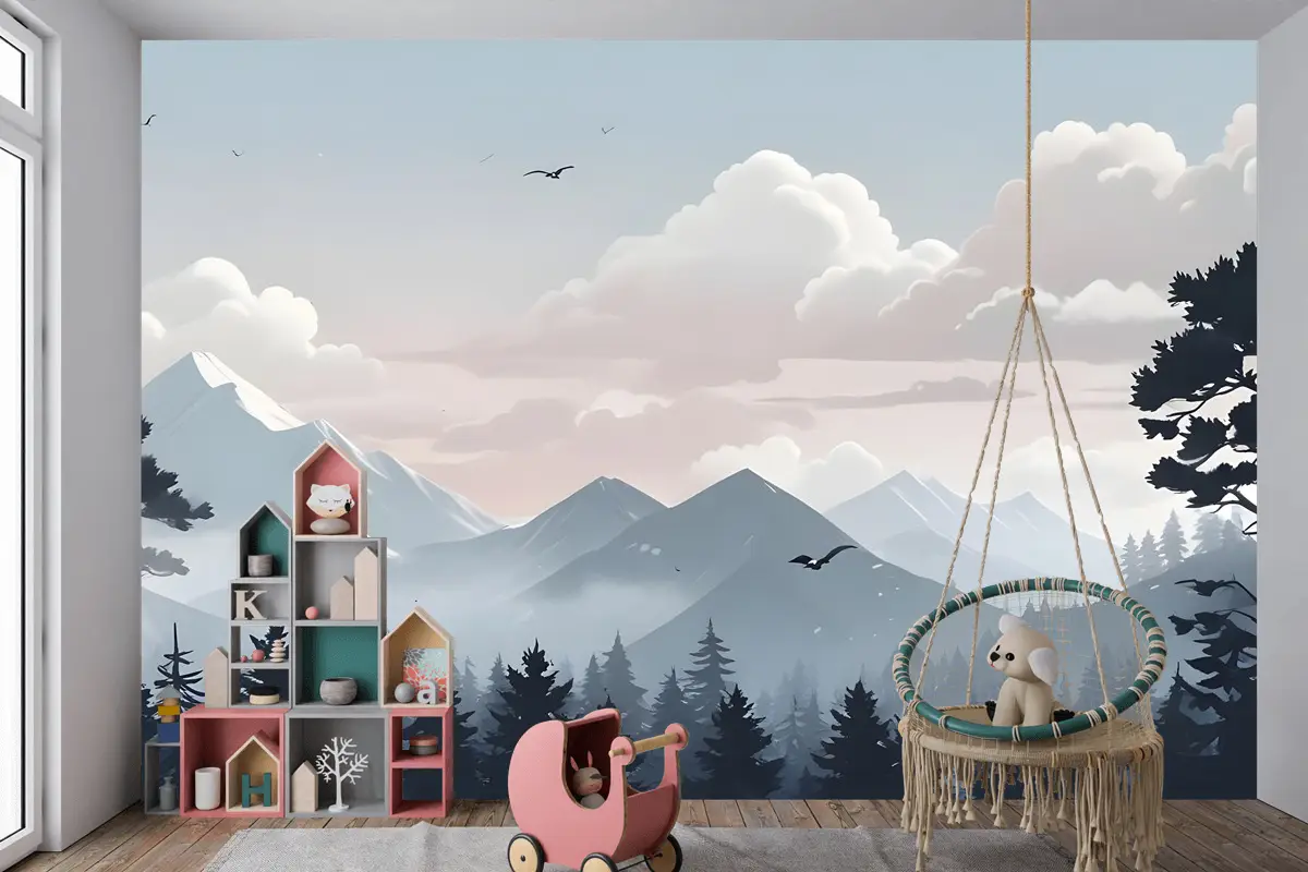 Çocuklar Karla Dağ Manzarası Çocuk Odası Duvar Kağıdı