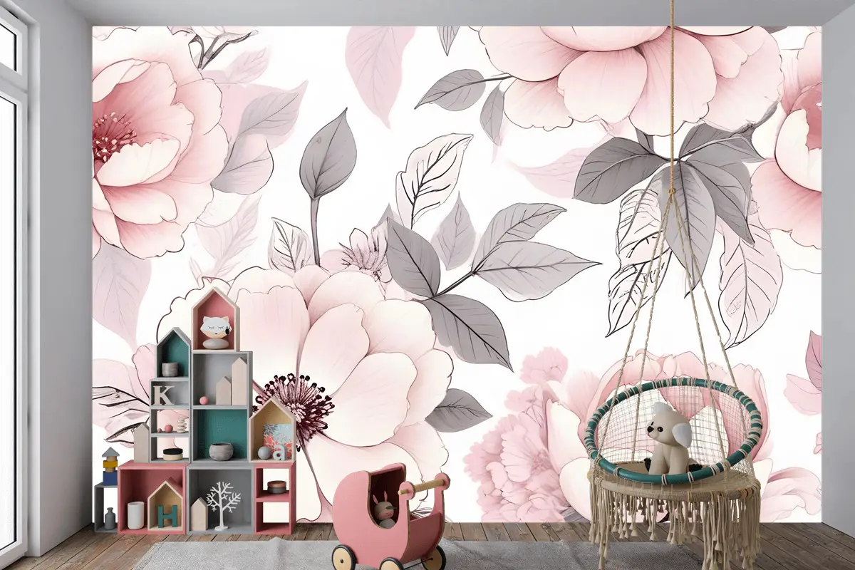 Çocuk Kreş Çiçek Pembe Gül Desenli Çocuk Odası Duvar Kağıdı