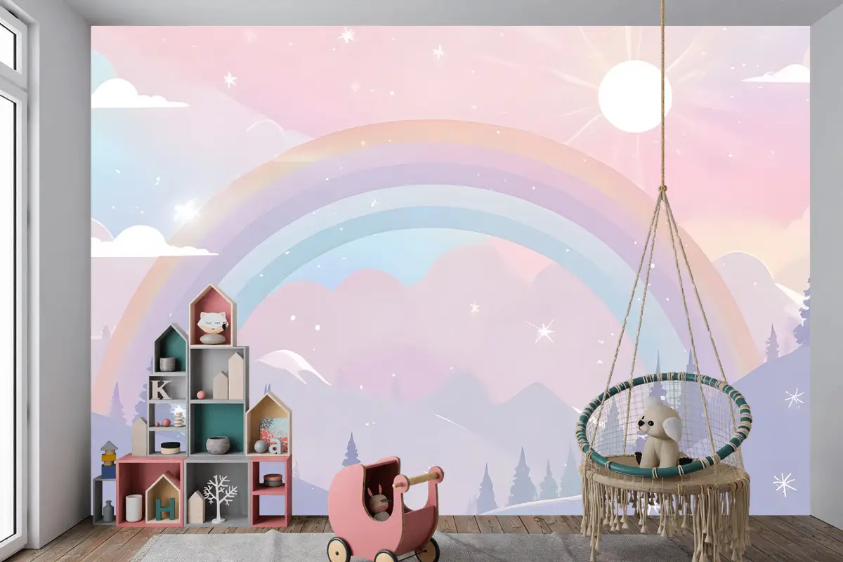 Renkli Dağlar Ve Parlak Yıldızlarla Çocuk Kreş Gökkuşağı Çocuk Odası Duvar Kağıdı