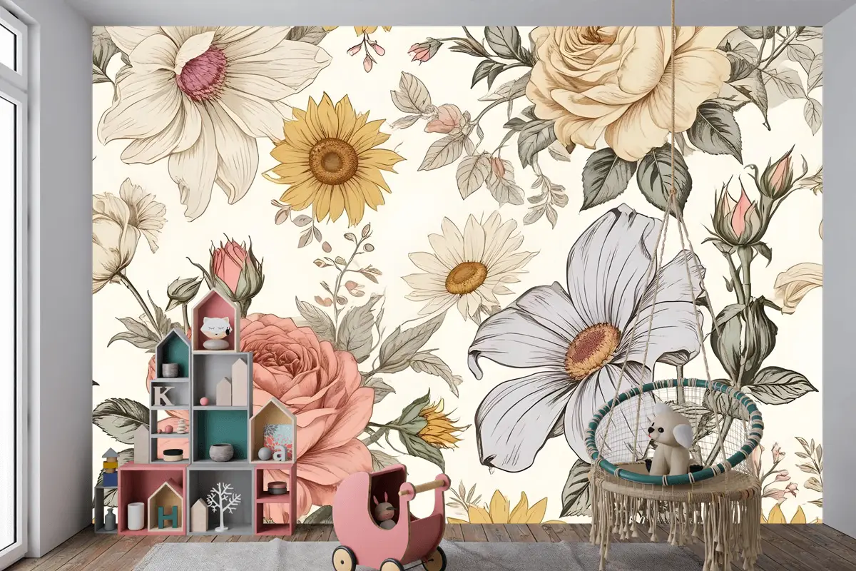Çocuklar Şakayık Ve Papatya Çiçek Çocuk Odası Duvar Kağıdı