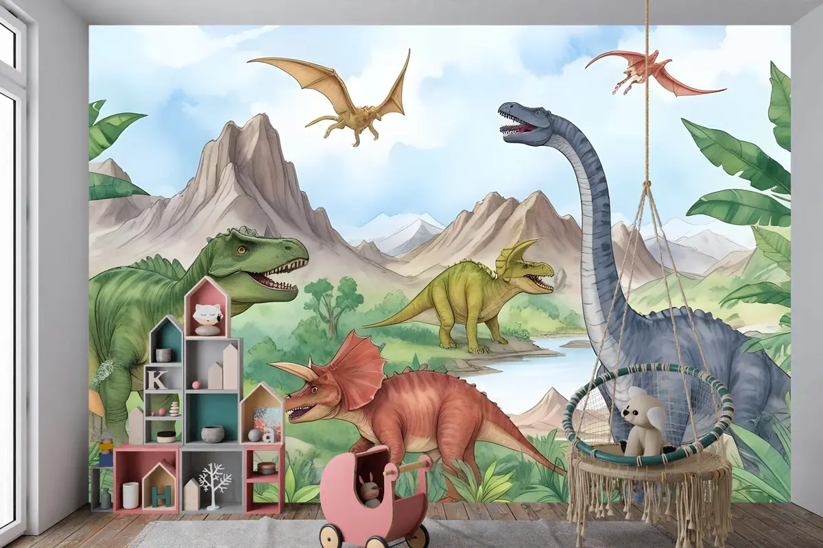 Çocuklar Tarih Öncesi Dinozor Çocuk Odası Duvar Kağıdı 