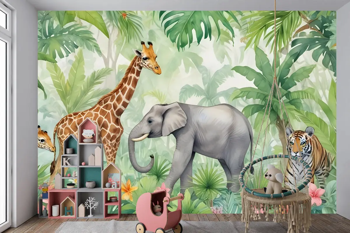 Çocuklar Safari Suluboya Tropikal Orman Orman Hayvanları Çocuk Odası Duvar Kağıdı