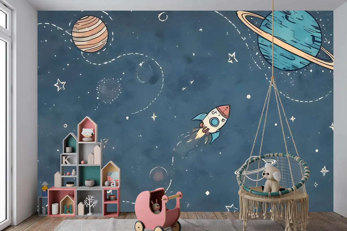 Beyaz Şerit Çocuk Odası Duvar Kağıdı  Ile Parlayan Karikatür Uzay Çocuklar