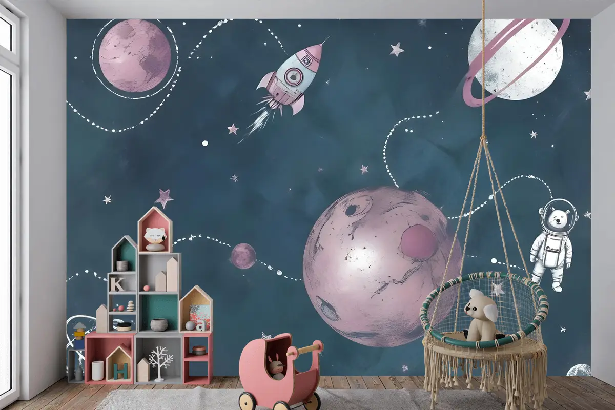 Suluboya Ayı Astronot Çocuk Odası Duvar Kağıdı Ile Uzay Parlayan Çocuklar