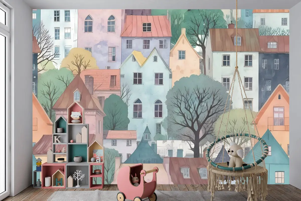 Çocuklar Küçük Kasaba Sevimli Suluboya Ev Çocuk Odası Duvar Kağıdı