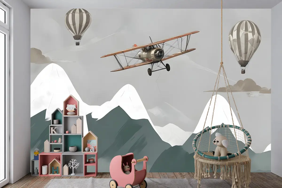 Çocuklar Uçak Ve Balonlarla Karlı Dağ Çocuk Odası Duvar Kağıdı