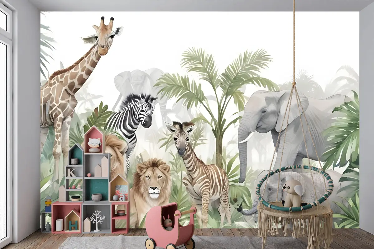 Yapraklı Tropikal Hayvanlar Çocuk Odası Duvar Kağıdı