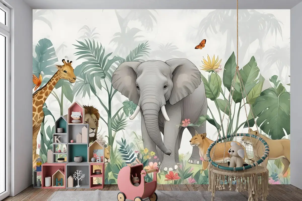 Yeşil Yapraklı Çocuklar Tropikal Safari Hayvanları Çocuk Odası Duvar Kağıdı