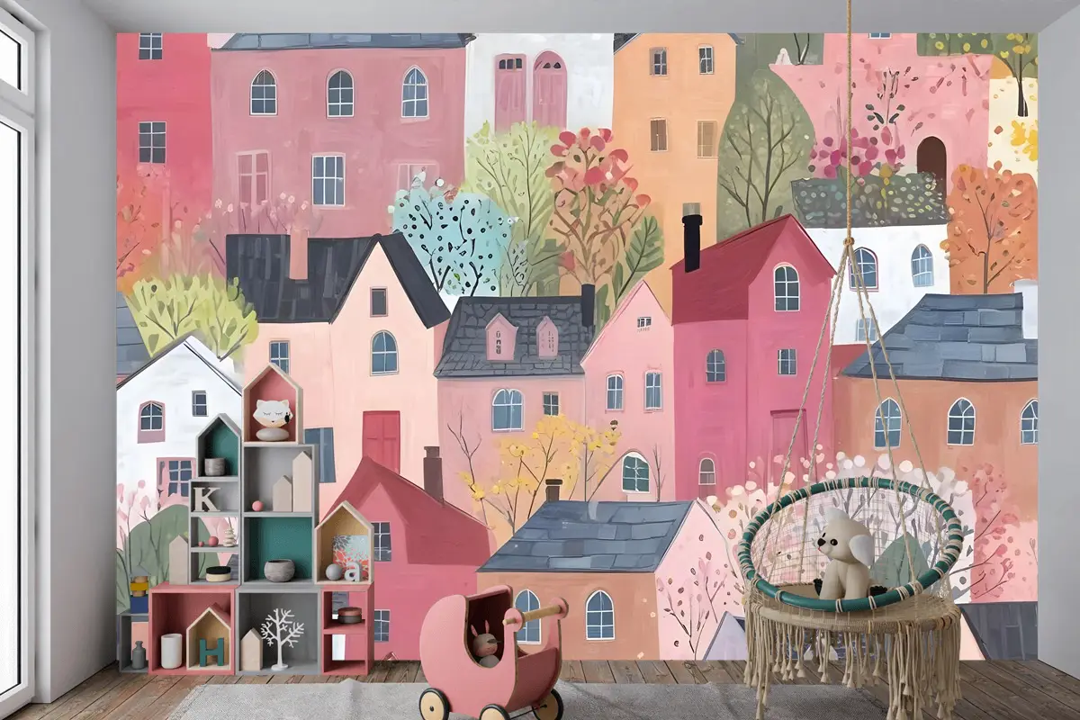 Çocuklar Suluboya Sevimli Kasaba Evi Çocuk Odası Duvar Kağıdı 