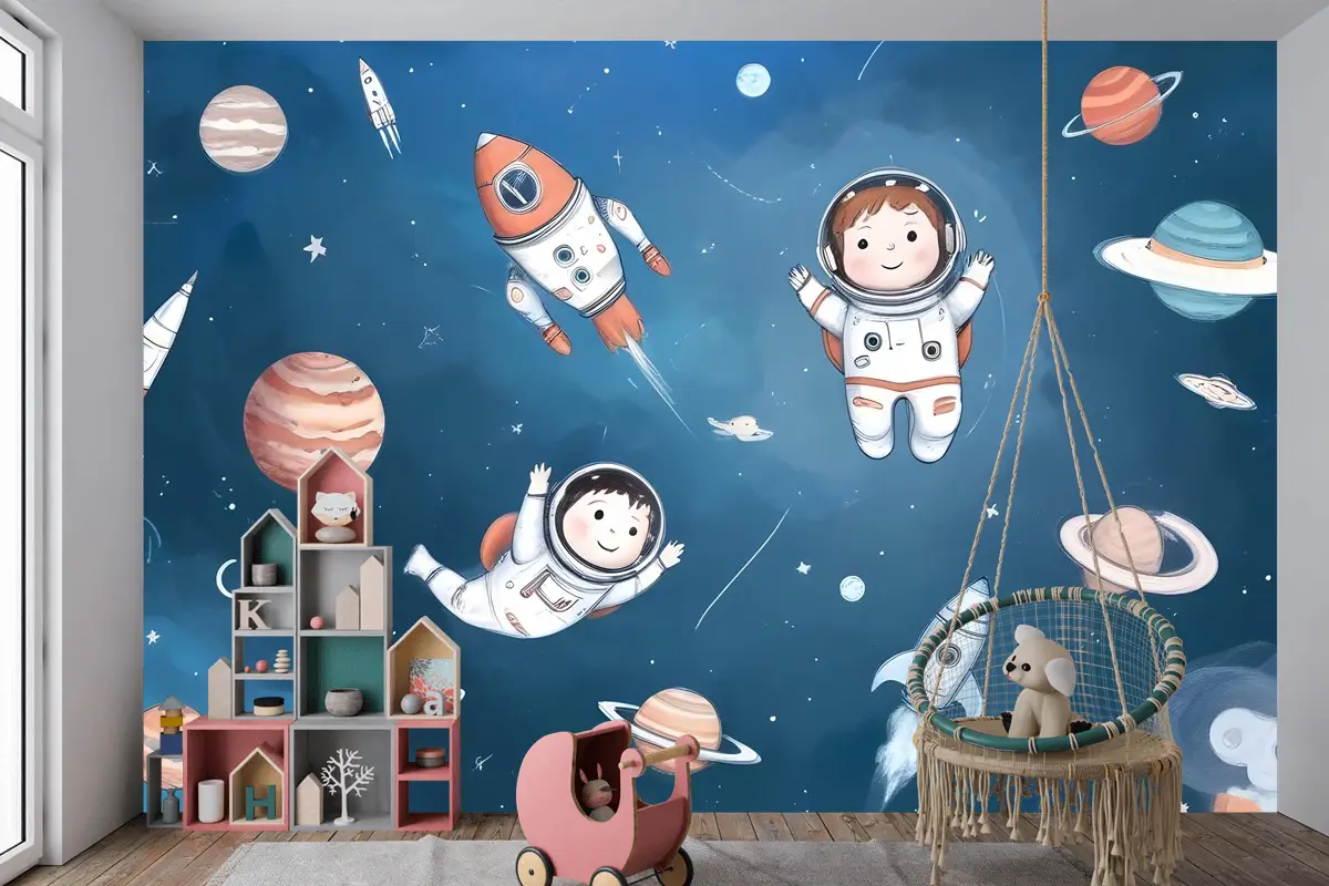Gezegenler Çocuk Odası Duvar Kağıdı Ile Çocuklar Suluboya Uzay