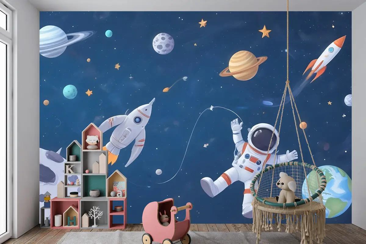 Uzay Gemisi Ve Astronotlu Çocuklar Suluboya Alanı Çocuk Odası Duvar Kağıdı