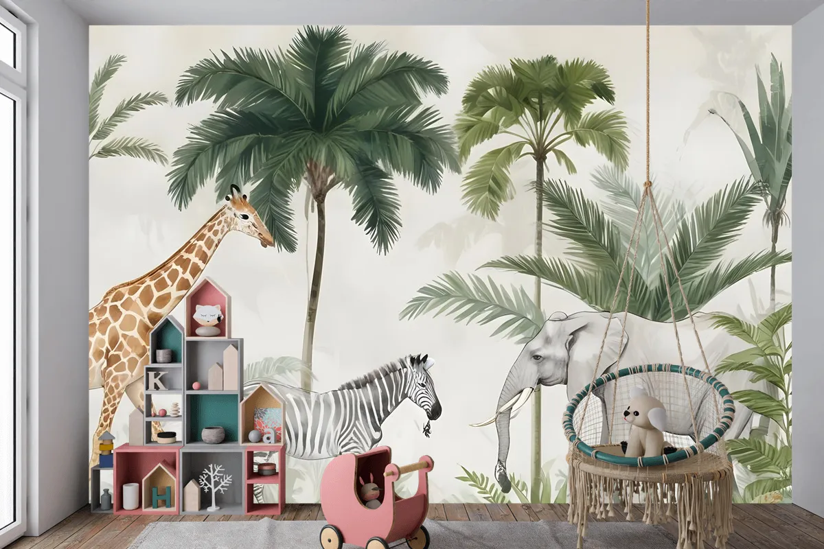 Palmiye Ağaçları Ile Çocuklar Vahşi Tropikal Hayvanlar Çocuk Odası Duvar Kağıdı