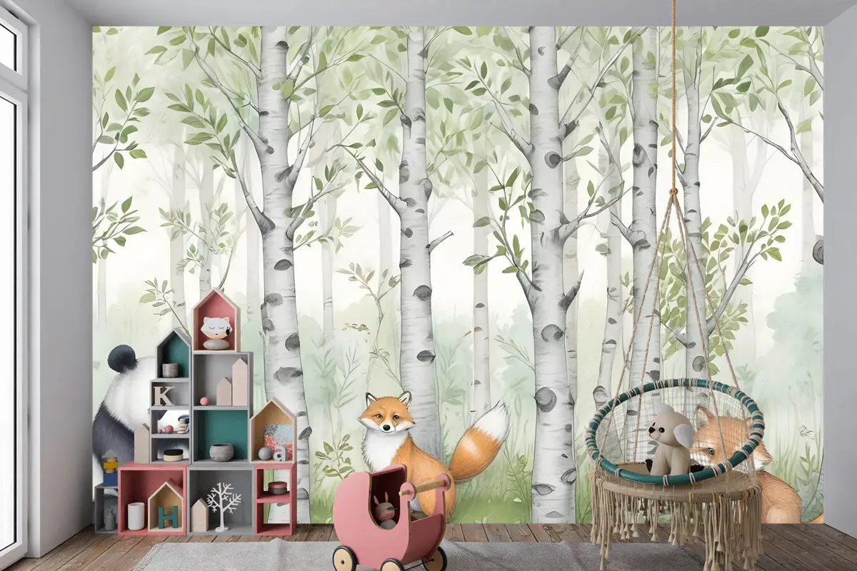 Ormandaki Çocuklar Orman Hayvanları Çocuk Odası Duvar Kağıdı