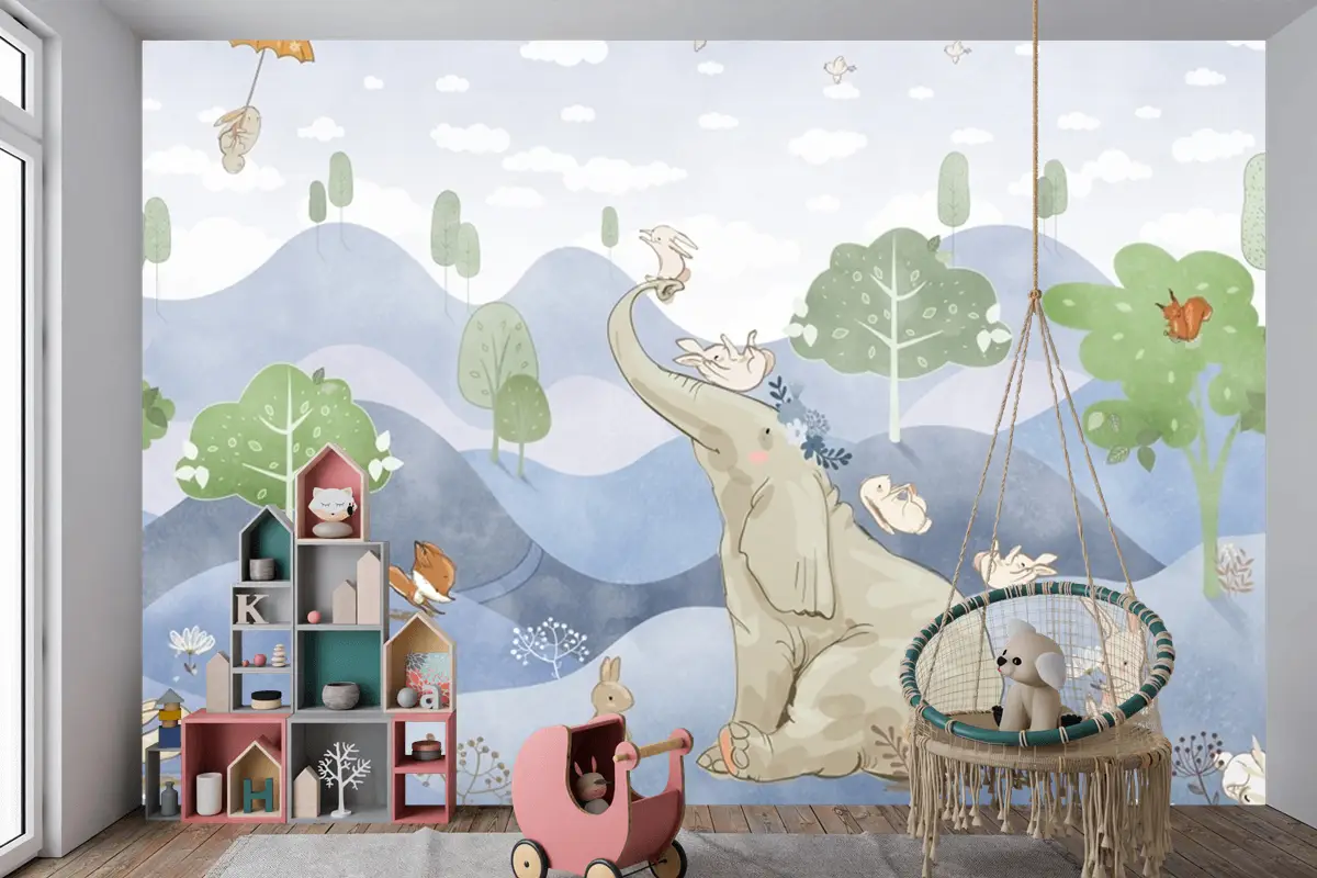 Kış Fil Tavşan Tilki  Sulu Boya Çocuk Odası Duvar Kağıdı