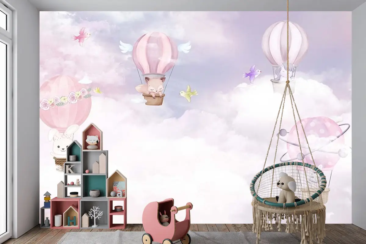 Çocuk Odası Duvar Kağıdı Balonlar Ve Sevimli Hayvanlar