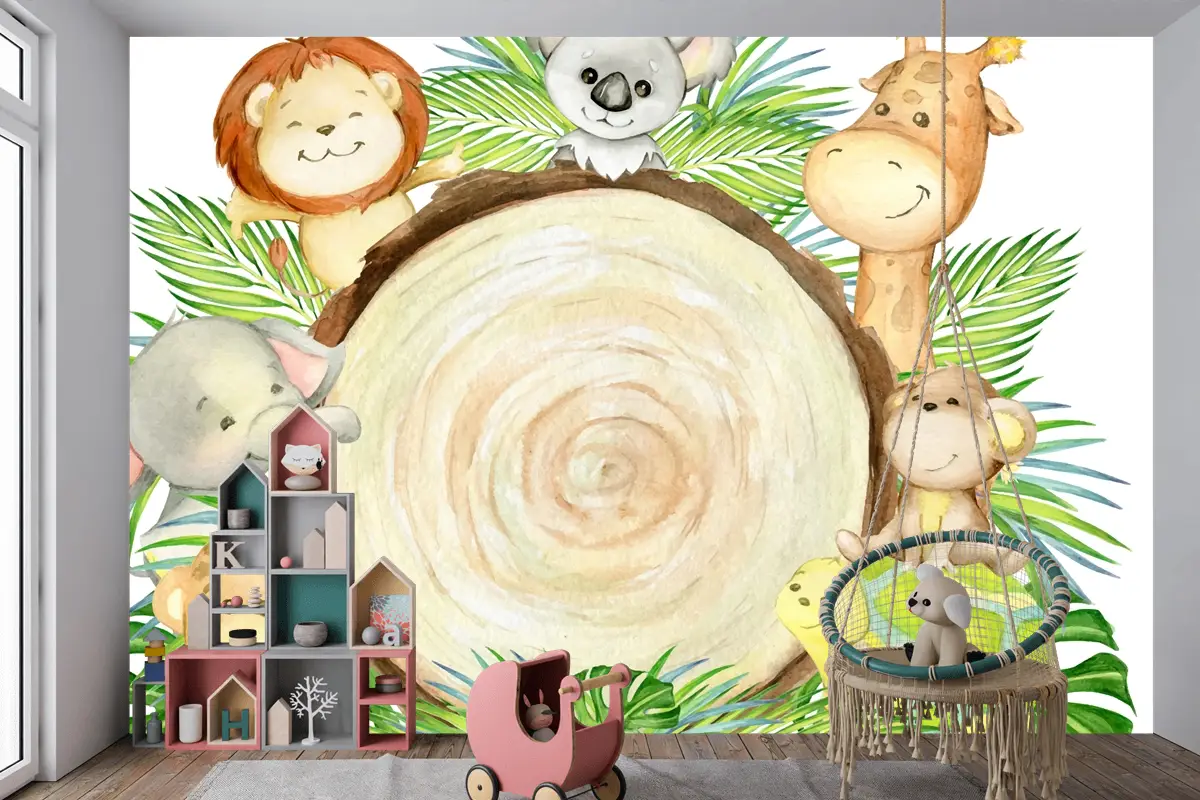 Leopar Maymun Koala Aslan Kaplumbağa Fil Zürafa Yazı Bir Tropikal Hayvanlar Çocuk Odası Duvar Kağıdı