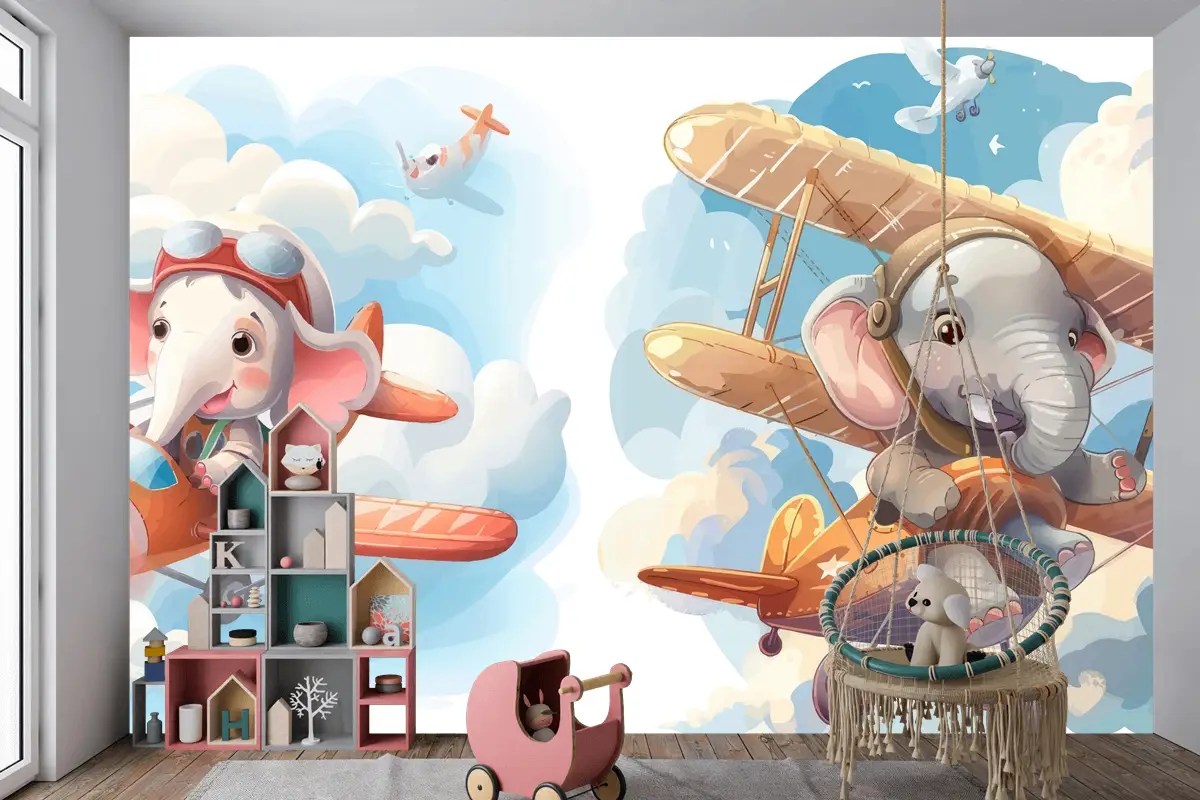 Uçaktaki Küçük Fil Çocuk Odası Duvar Kağıdı 