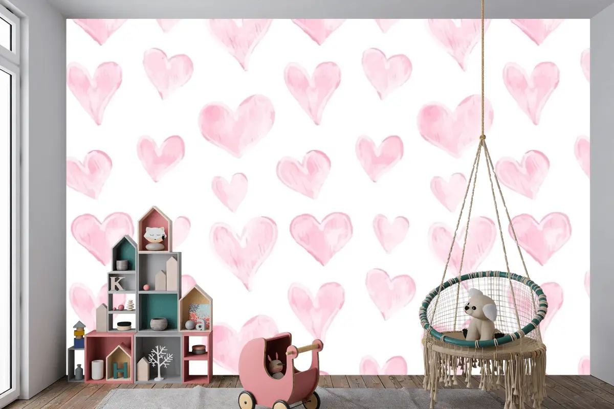 Aşk Kalp Deseni Elle Çizilmiş Sevgililer Günü Çocuk Odası Duvar Kağıdı