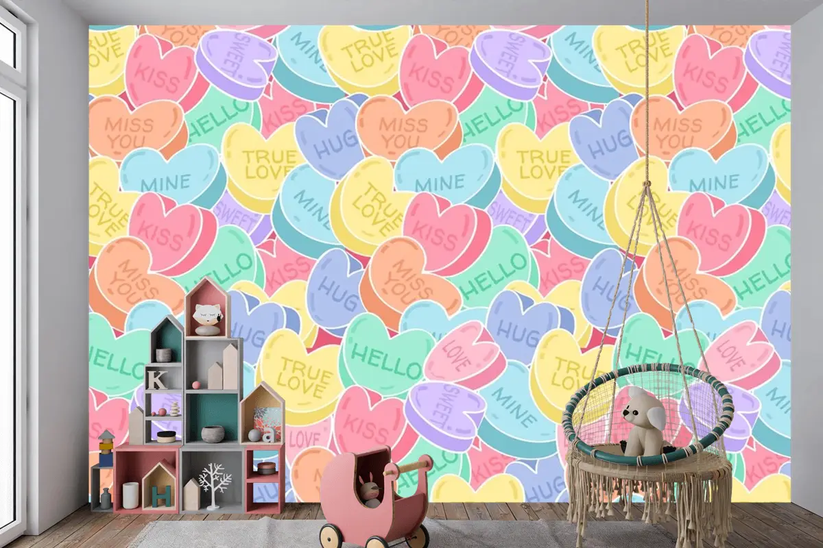 Güzel Konuşma Kalpler Desen Çocuk Odası Duvar Kağıdı 