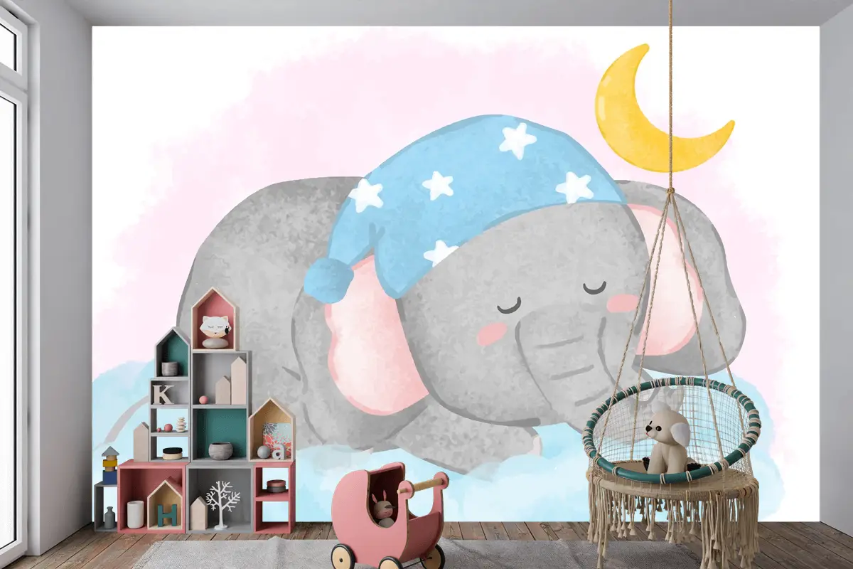 Suluboya Çocuk Odası Duvar Kağıdı Nde Bulutun Üzerinde Uyuyan Güzel Fil