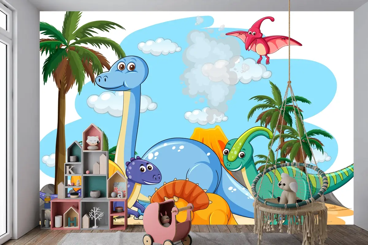 Tarih Öncesi Topraklarda Birçok Sevimli Dinozor Karakteri İzole Çocuk Odası Duvar Kağıdı