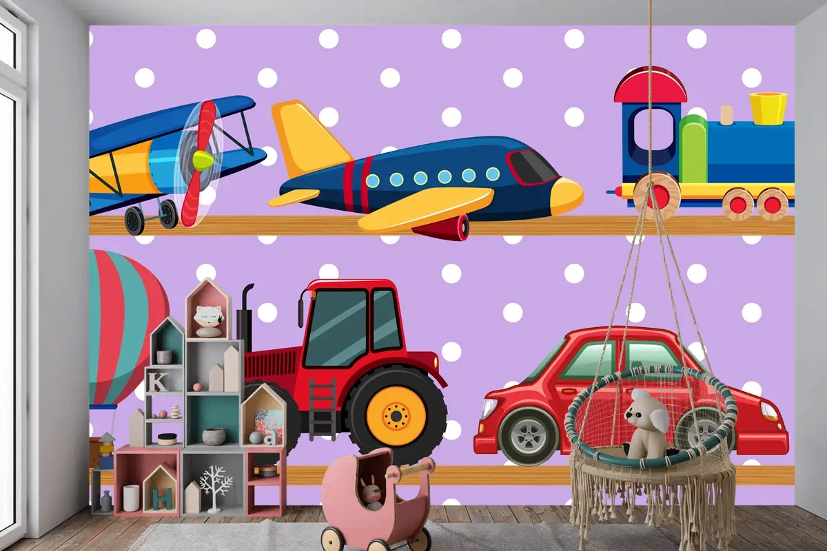 Ahşap Raflarda Birçok Taşıma Oyuncakları Çocuk Odası Duvar Kağıdı