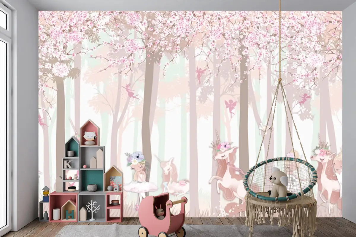 Masal Unicorn Pembe Orman Çocuk Odası Duvar Kağıdı