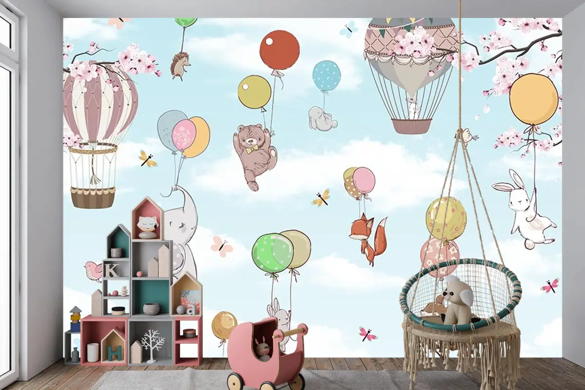 Mavi Gökyüzünde Balonlara Asılan Sevimli Hayvanlar Çocuk Odası Duvar Kağıdı