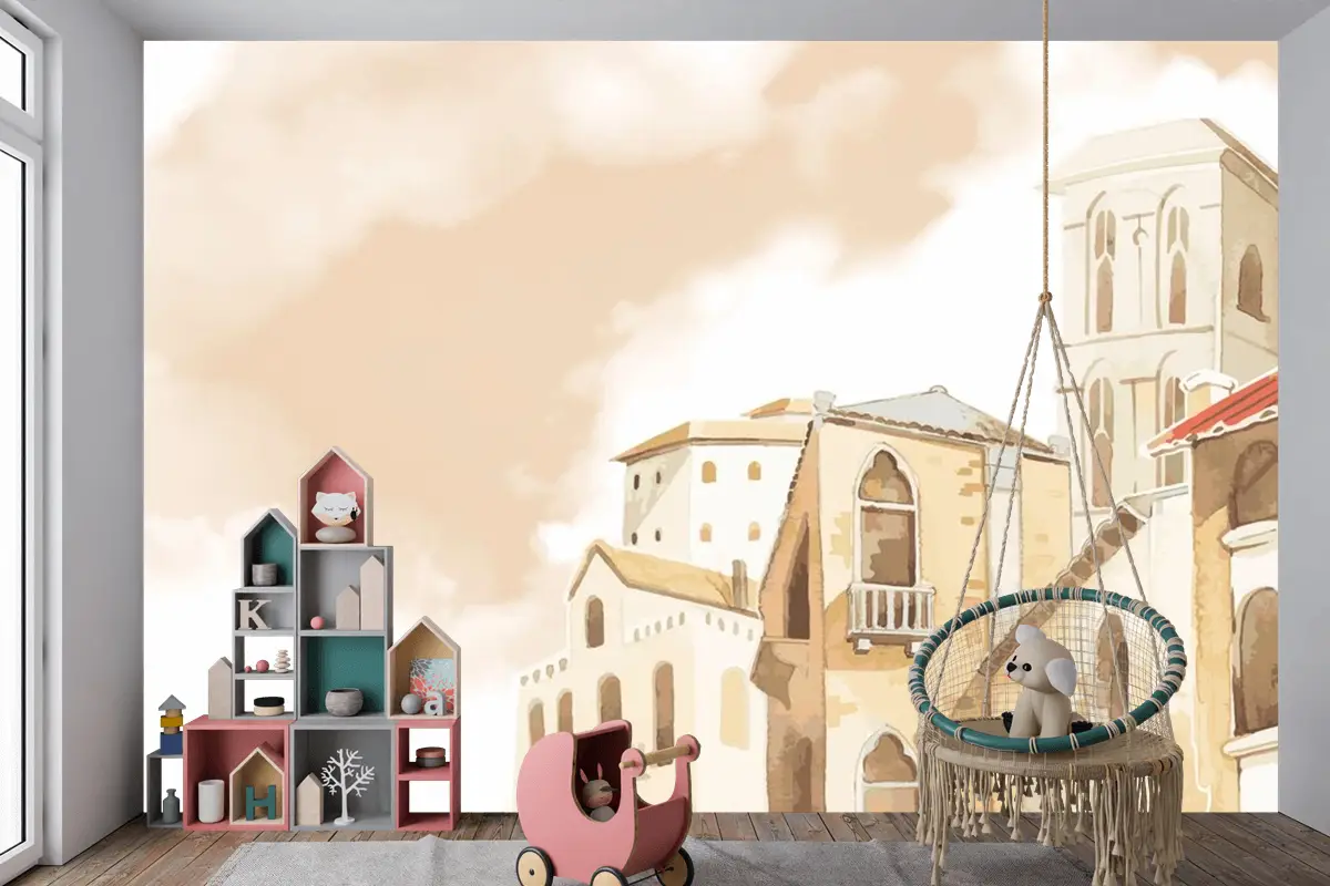 Akdeniz Şehir Binası Dış Su Renk Stili Çocuk Odası Duvar Kağıdı 