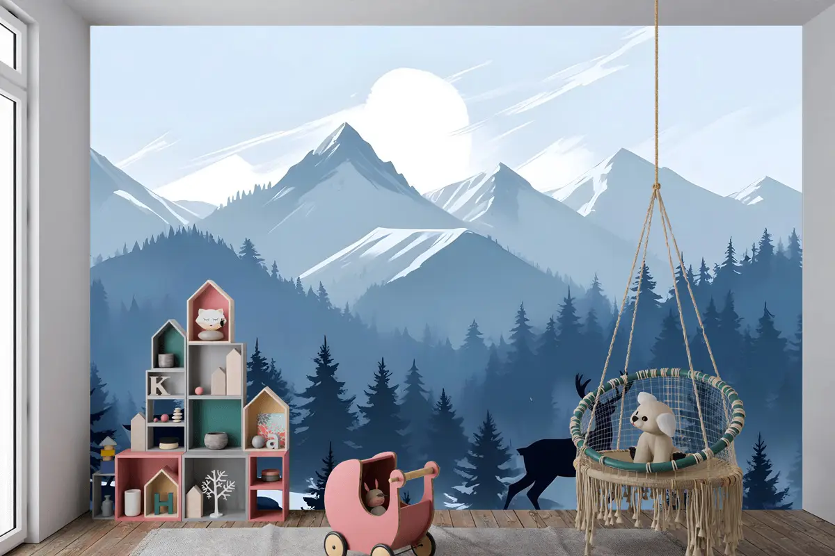 Çocuklar Için Boynuzlu Geyik Silueti Ile Tek Renkli Koyu Mavi Karlı Orman Çocuk Odası Duvar Kağıdı