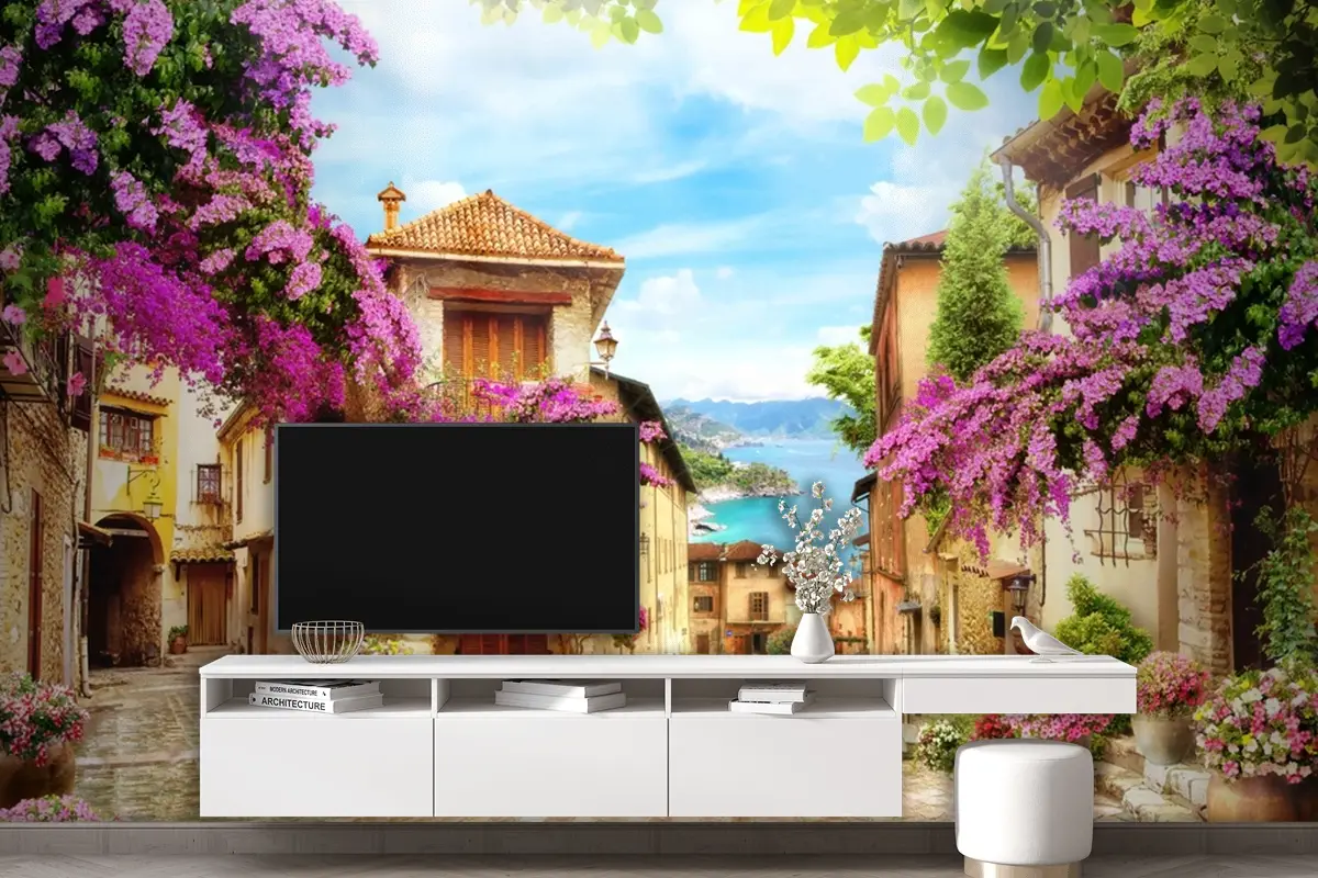 Mor Çiçekler Eski Şehir Manzara Duvar Kağıdı