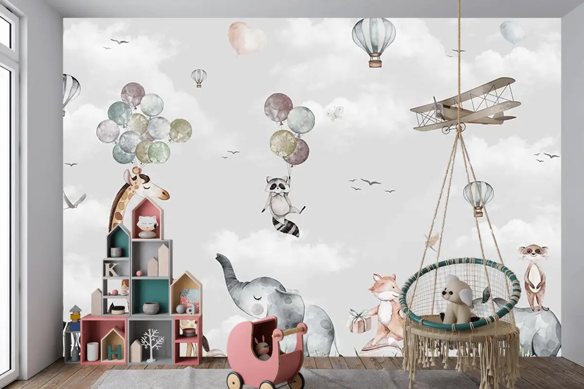 Mutlu Hayvanların Renkli Dünyası Çocuk Odası Duvar Kağıdı