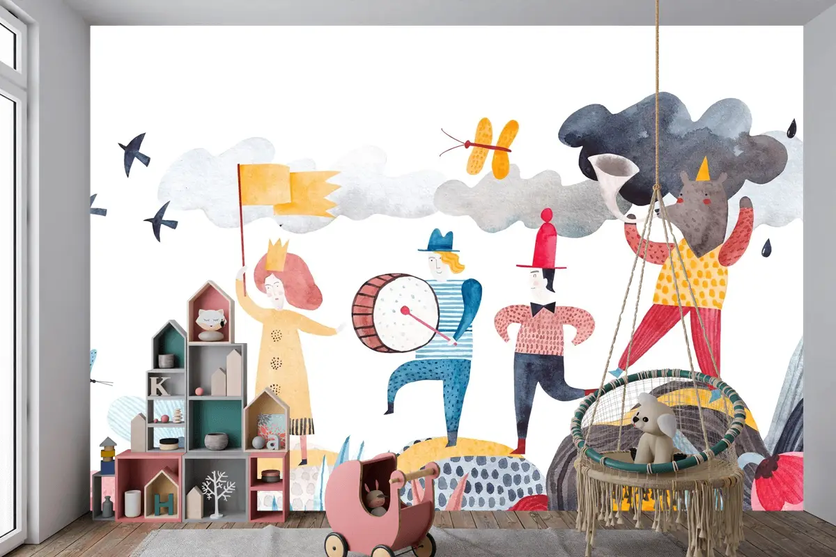 Neşeli Kortej ve Renkli Karakterler Çocuk Odası Duvar Kağıdı