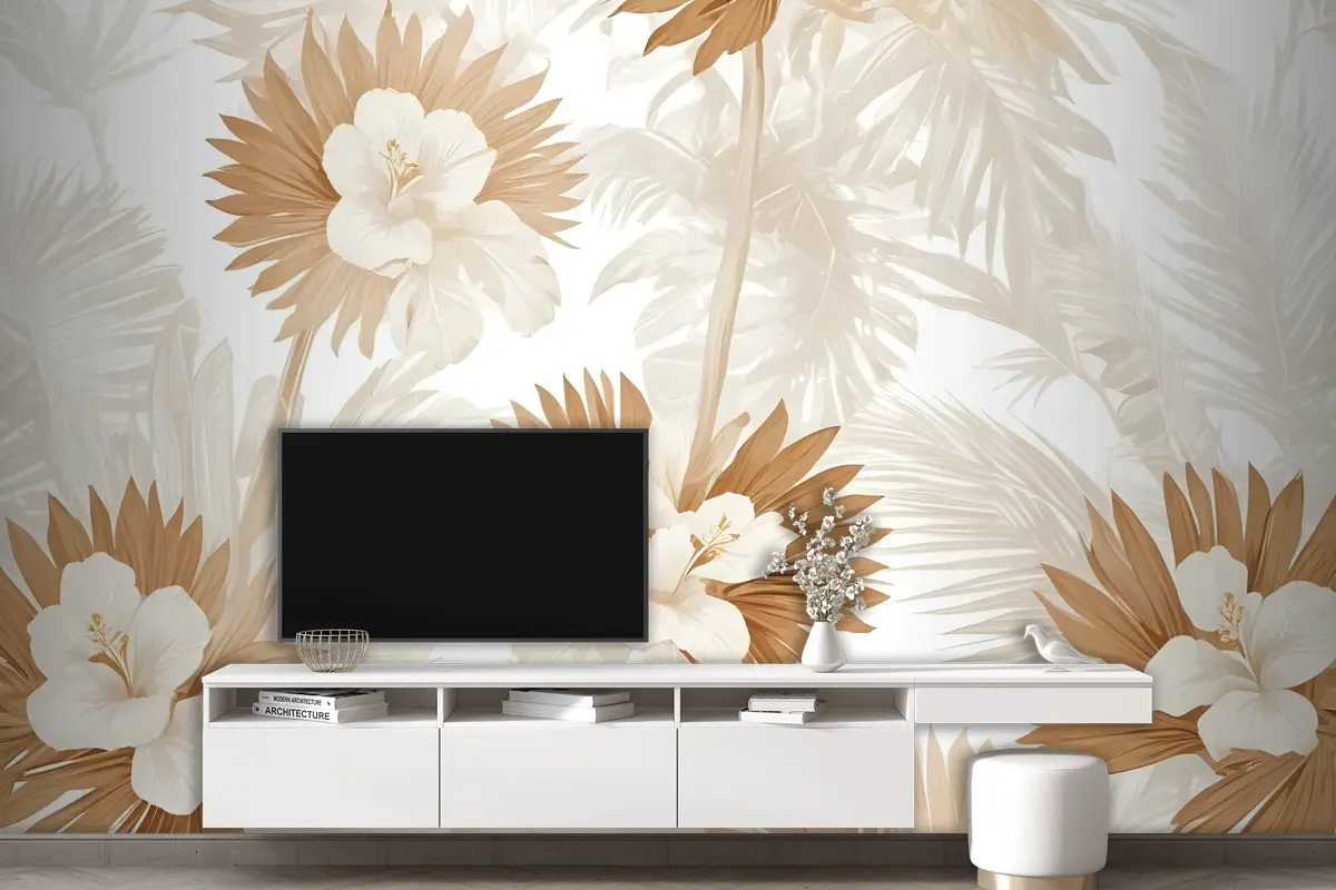 Palmiye Yaprağı Duvar Kağıdı  Ile Nötr Boho Bitkiler