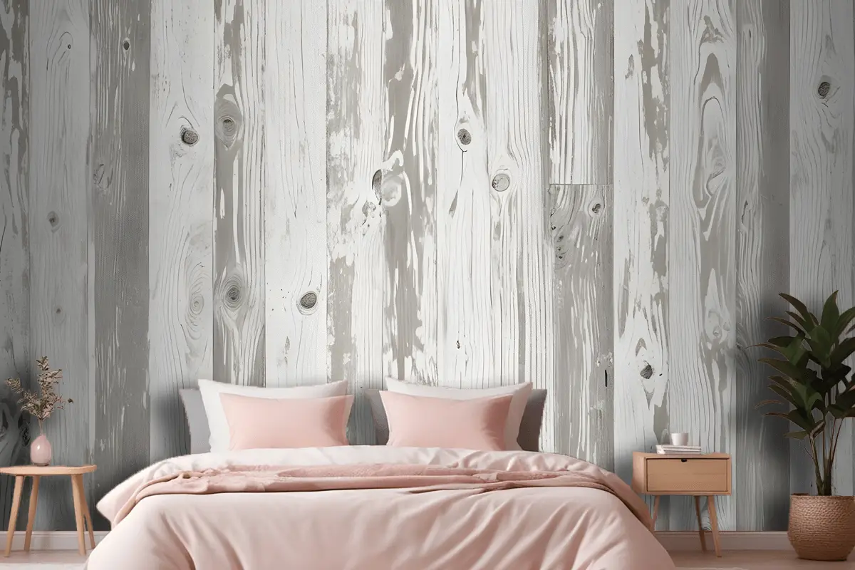 Nötr Baskılı Ahşap Panel Efektli Yatak Odası Duvar Kağıdı