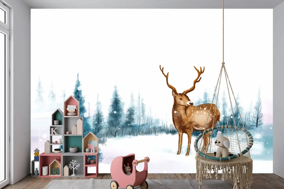 Ren Geyiği Çocuk Odası Duvar Kağıdı  Ile Yeni Yıl Ve Noel Ağacı Kış Manzarası Arka Plan