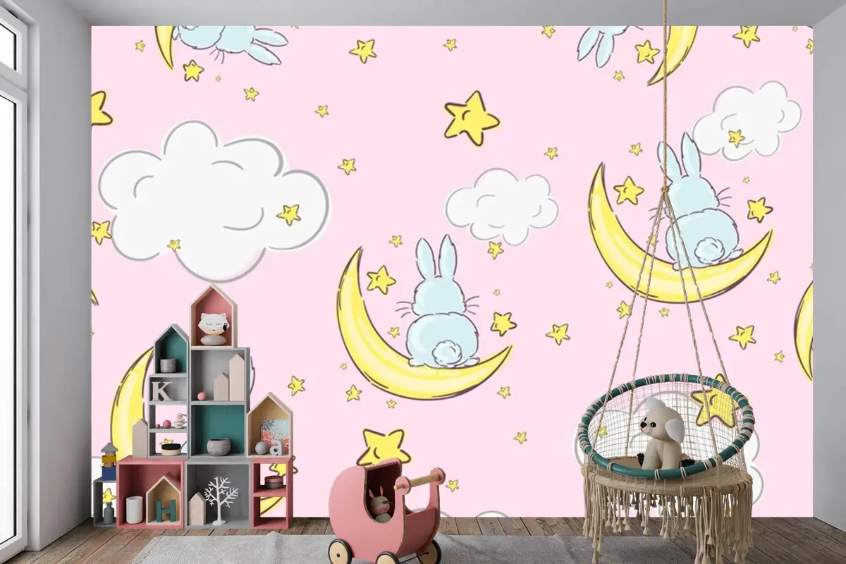 Ayların Ve Yıldızların Üzerinde Oturan Sevimli Tavşanlarla Gece Gökyüzü Doodle Deseni Sorunsuz Çocuk Odası Duvar Kağıdı