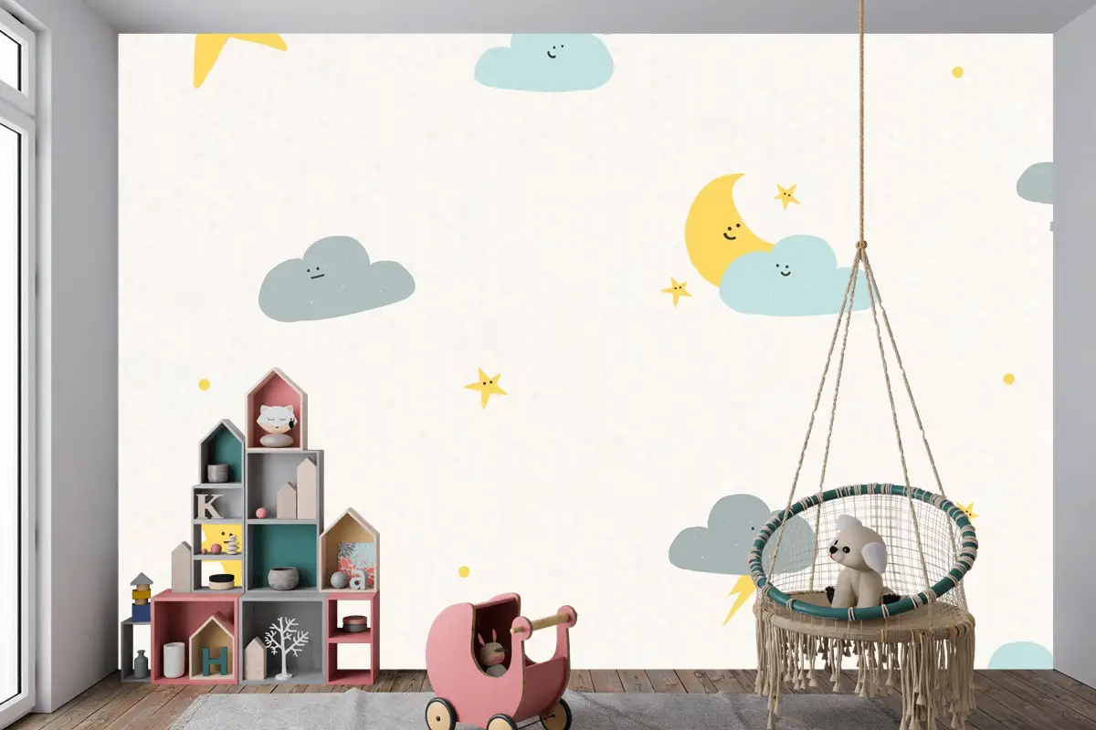 Gece Gökyüzü Dikişsiz Desen Hava Durumu Doodle Çocuk Odası Duvar Kağıdı 