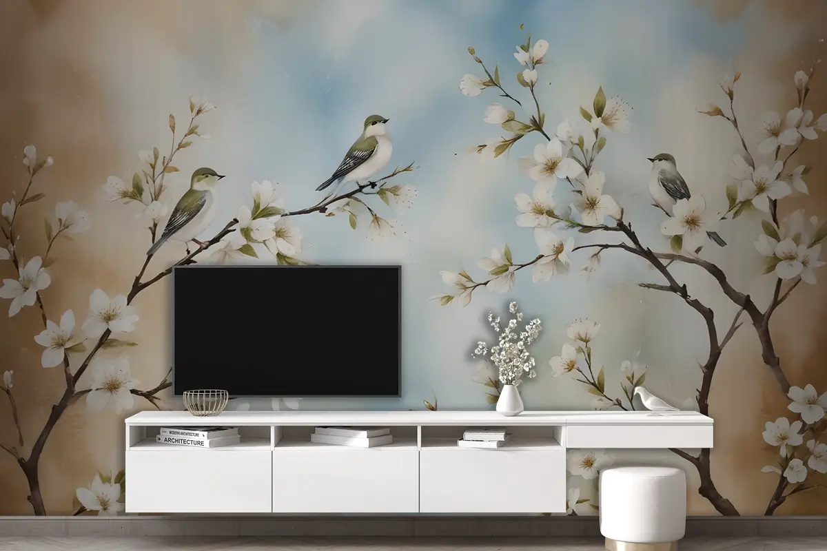 Nostaljik Suluboya Kiraz Çiçekleri Duvar Kağıdı