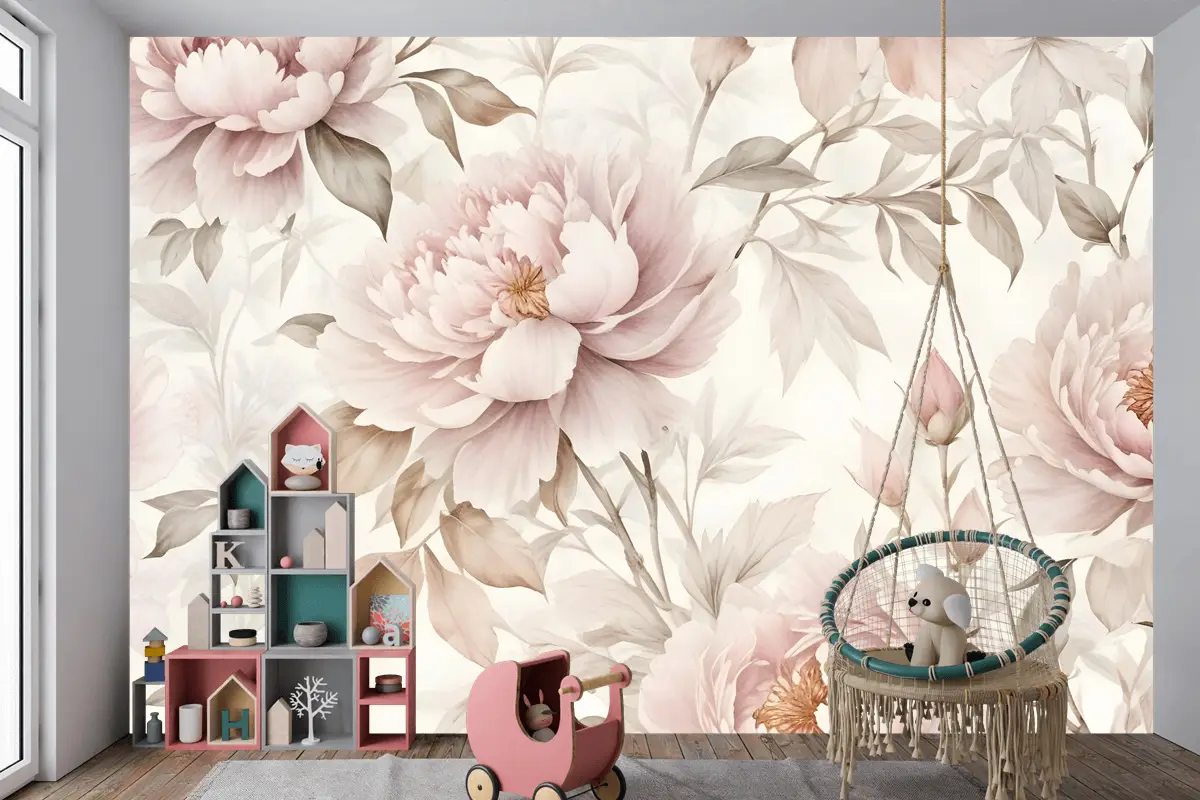 Kızlar Için Kreş Pastel Şakayık Suluboya Çiçek Çocuk Odası Duvar Kağıdı