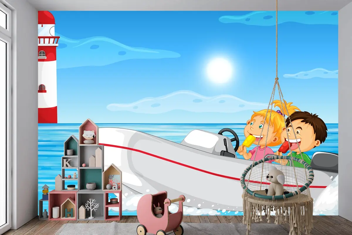 Motorlu Teknede Çocuklu Okyanus Manzarası Çocuk Odası Duvar Kağıdı