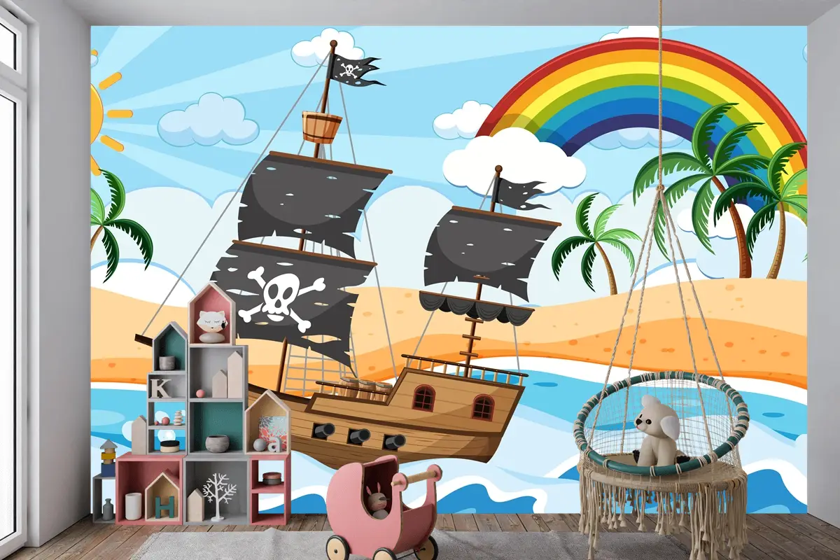 Karikatür Tarzı Çocuk Odası Duvar Kağıdı Duvarında Gündüz Sahnesinde Korsan Gemisi Ile Okyanus