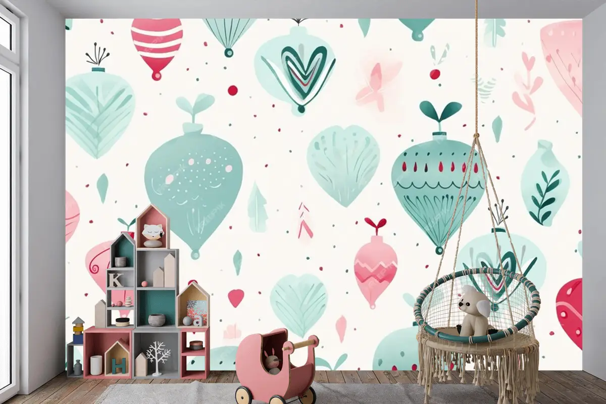 Ağaç Ve Süslerle Renkli Noel Kusursuz Deseni Modern Canlı Sonsuz Çocuk Odası Duvar Kağıdı