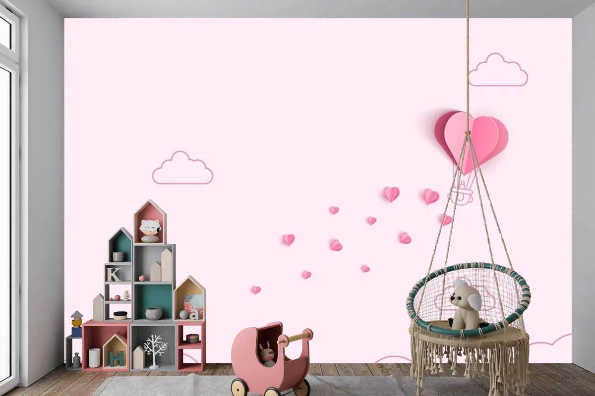 Origami Yapımı Sıcak Hava Balonu Ve Bulut Çocuk Odası Duvar Kağıdı